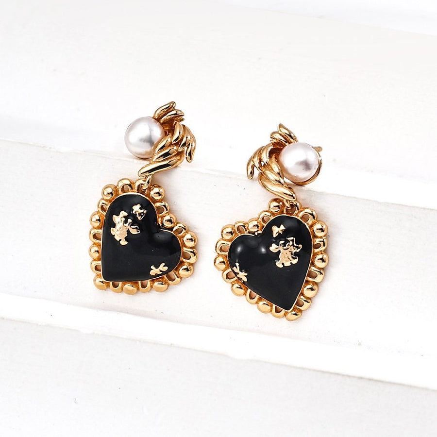 Sterling Silver Black Agate Heart Pearl Earrings