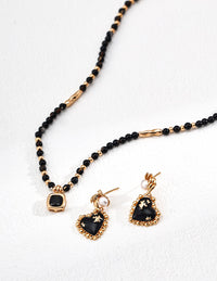 Sterling Silver Black Agate Heart Pearl Earrings