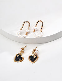 Sterling Silver Black Agate Heart Pearl Earrings