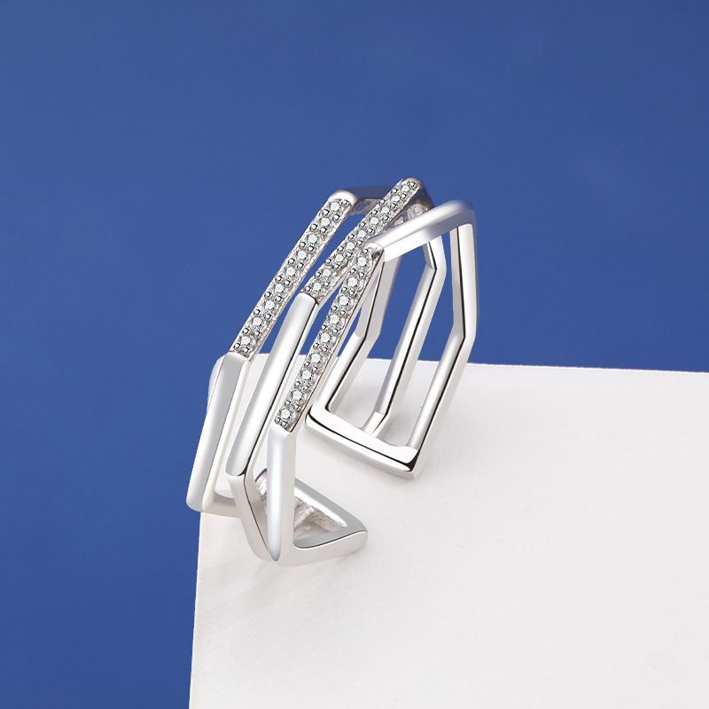 Hollow Twisted Crystal Adjustable Ring, 925 Sterling Silver