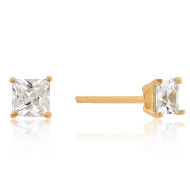 4mm Sterling Silver Princess Cut Cubic Zirconia Studs in Goldtone