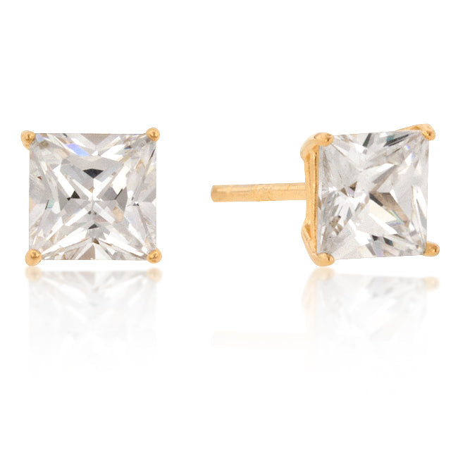 6mm Sterling Princess Cut Cubic Zirconia Studs, Gold