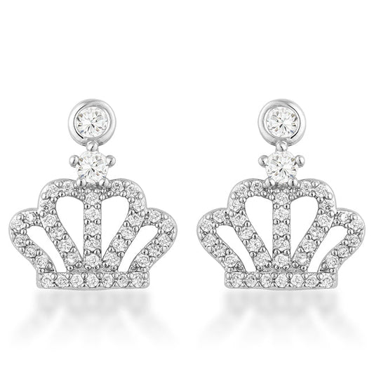 Rhodium Crown CZ Drop Earrings, 0.5 Ct