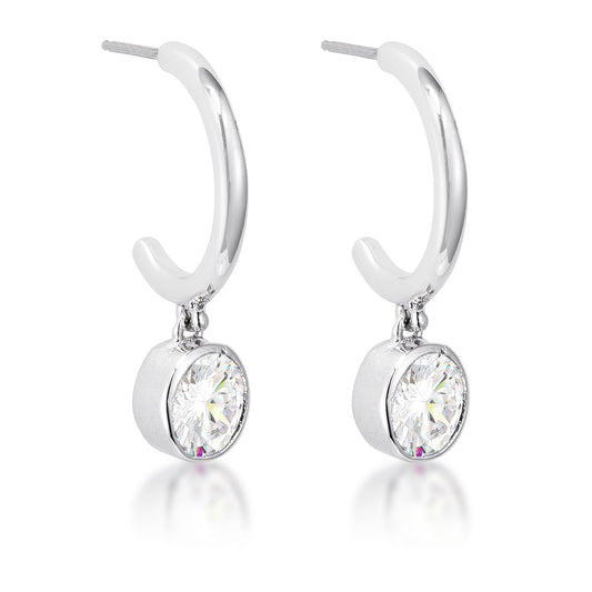 7mm CZ Rhodium-Plated Drop Hooplet Earrings