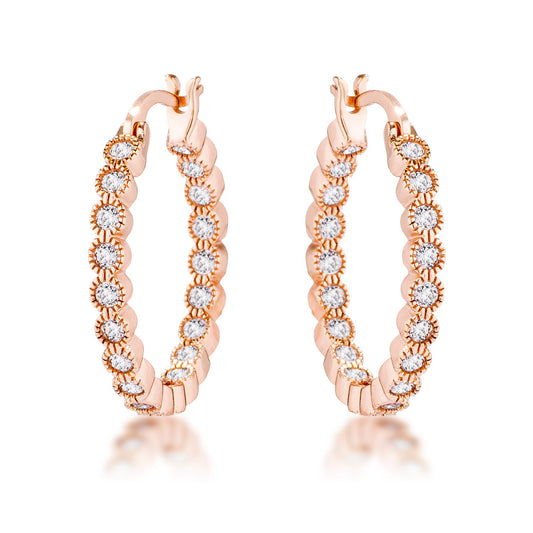 Rose Gold Dotted CZ Round Bezel Hoops
