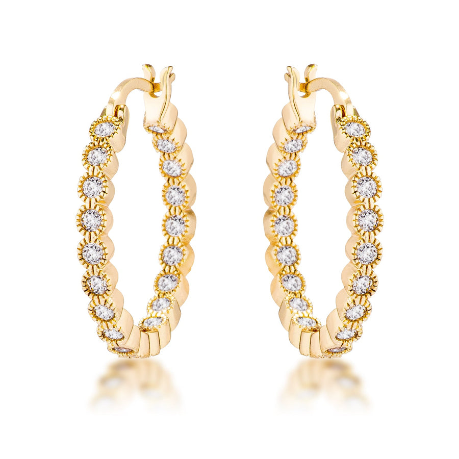 Gold Plated Dotted Clear Crystal Round Bezel Hoop Earrings