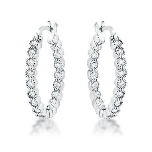 Rhodium Plated Dotted Clear CZ Bezel Hoop Earrings