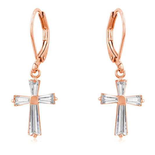 Rose Gold CZ Cross Drop Earrings