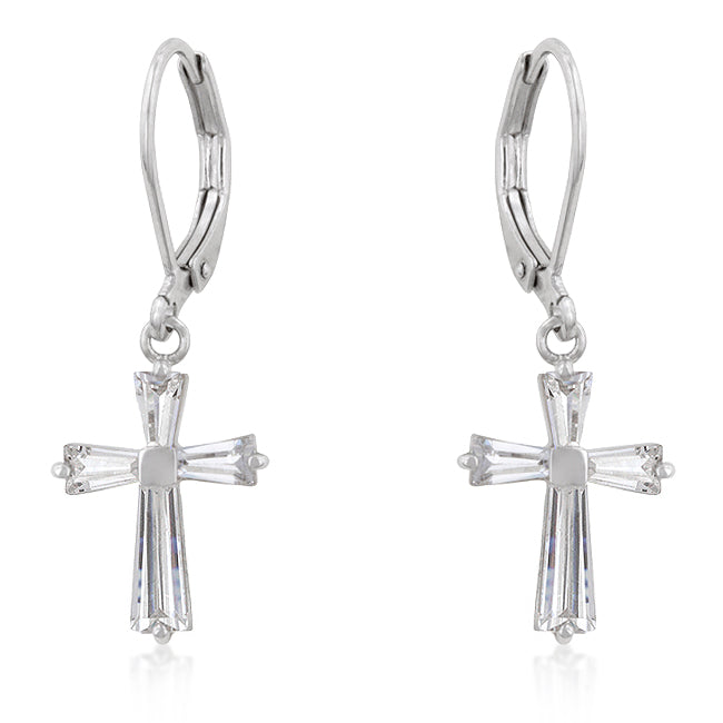 Cubic Zirconia Cross Earrings in Rhodium Finish