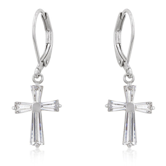 Cubic Zirconia Cross Earrings in Rhodium Finish