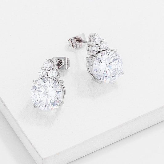 Rhodium-Plated 9mm Clear CZ Stud Earring