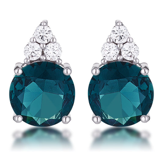 Rhodium Plated Blue Green CZ Stud Earring, 9mm