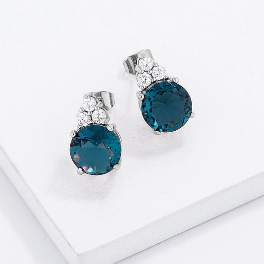 Rhodium-Plated 9mm Blue Green CZ Stud Earrings