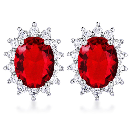 Rhodium Plated Ruby Red Petite Oval Earrings