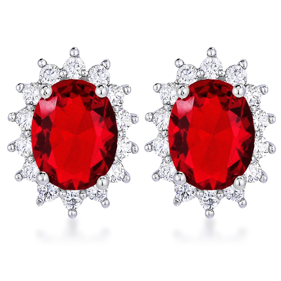 Rhodium Plated Ruby Red Petite Oval Earrings