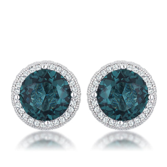 Blue-Green CZ Halo Stud Earrings