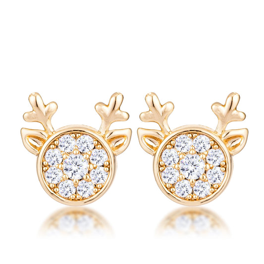 Gold-Plated Clear CZ Reindeer Stud Earrings