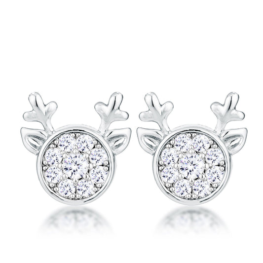 Rhodium Plated Clear CZ Reindeer Stud Earrings