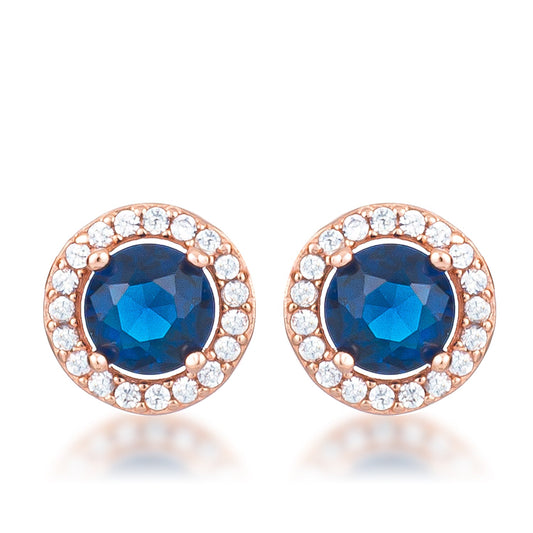 Rose Gold Sapphire Blue CZ Halo Earrings