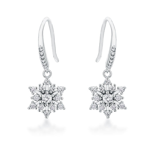 Rhodium Plated CZ Snowflake Drop Earrings