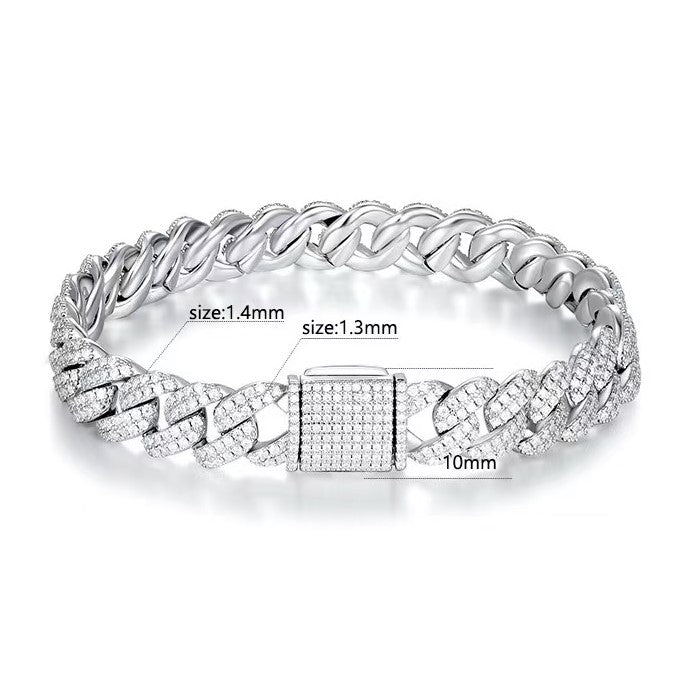 10mm Moissanite D Color Sterling Silver Cuban Link Bracelet