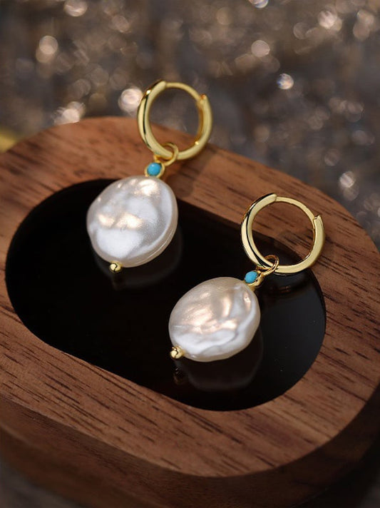 Sterling Silver Baroque Pearl & Turquoise Hoop Earrings