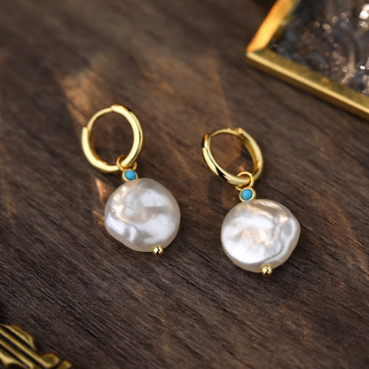 Sterling Silver Baroque Pearl & Turquoise Hoop Earrings