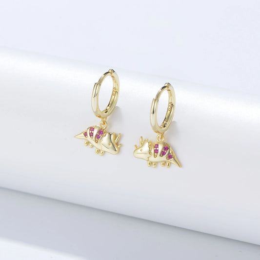 Gold Plated Dinosaur Dangle Hoop Earrings