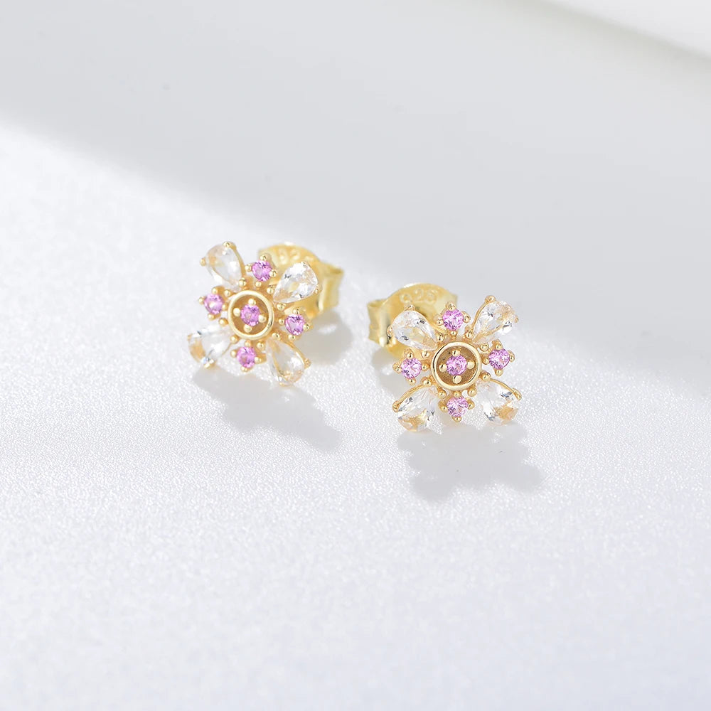 Silver Pink Flower Stud Earrings