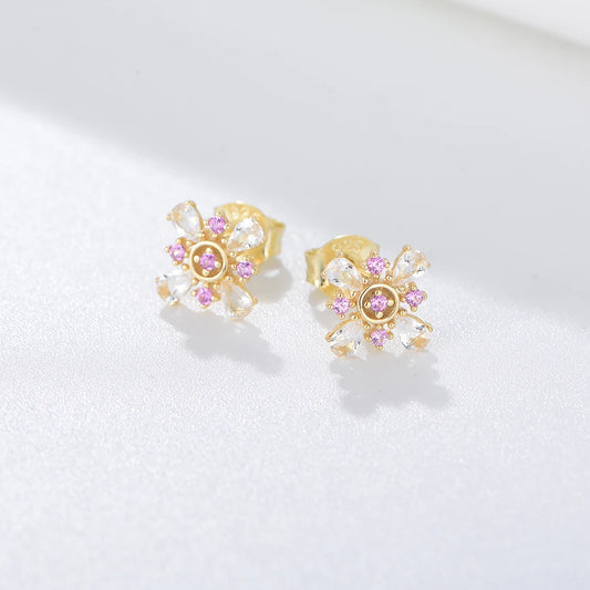 Silver Pink Flower Stud Earrings