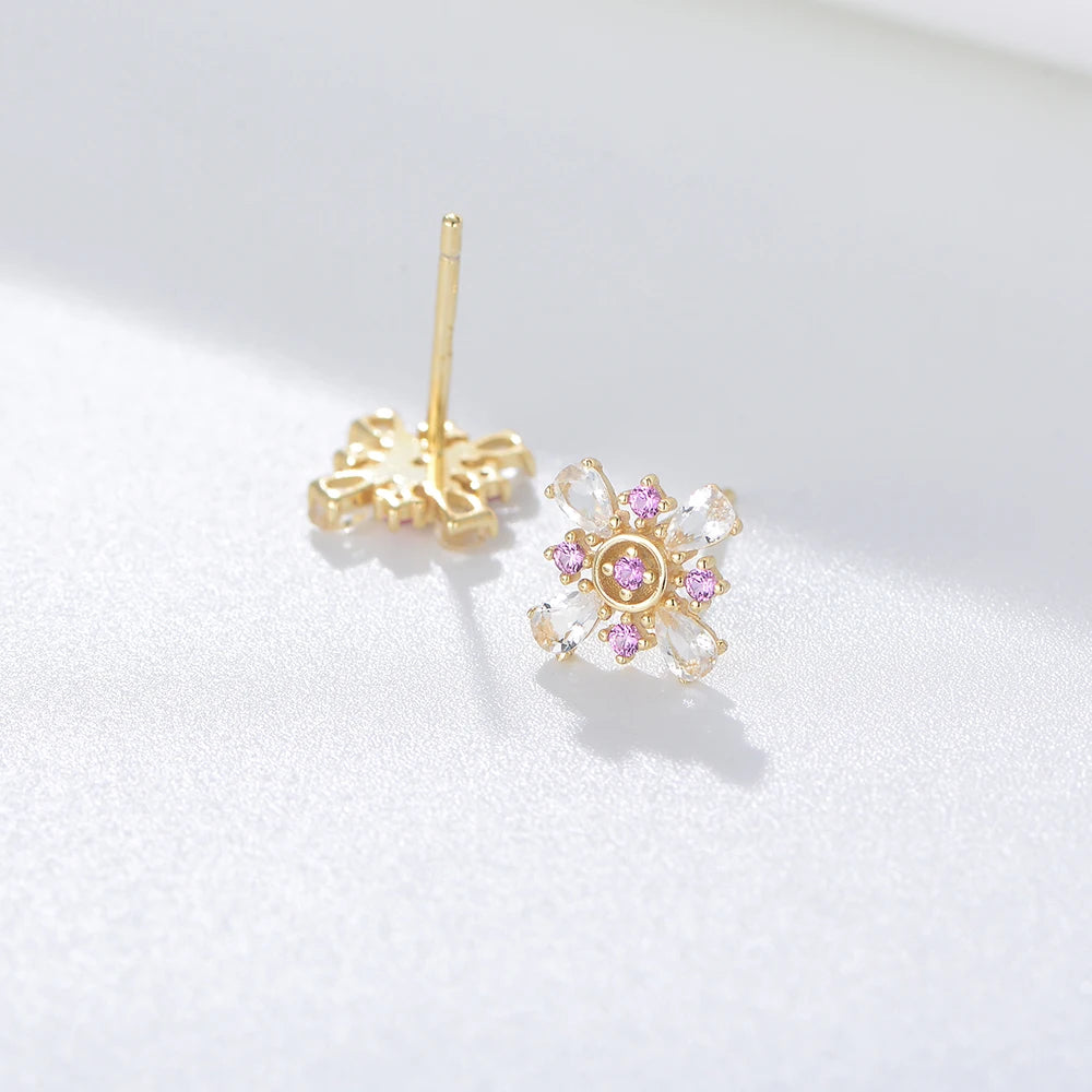 Silver Pink Flower Stud Earrings