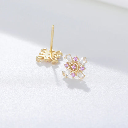 Silver Pink Flower Stud Earrings