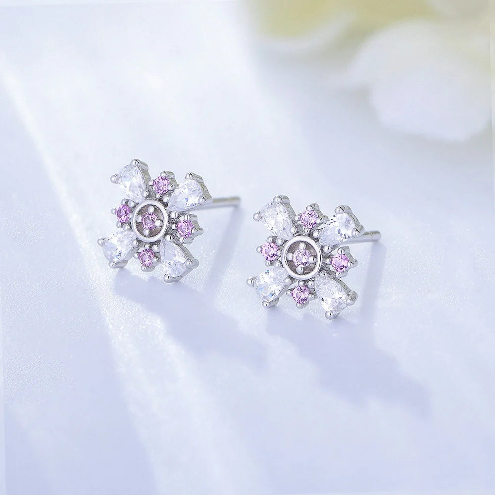 Silver Pink Flower Stud Earrings