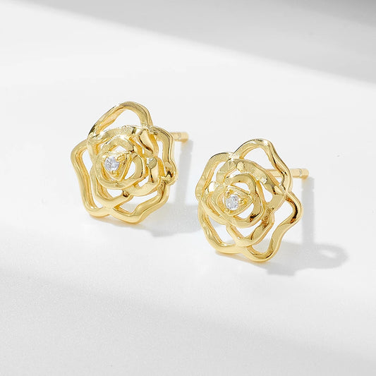 Gold Plated Sterling Silver Hollow Flower Earrings