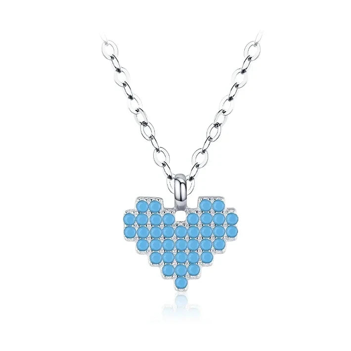 Sterling Silver Pixel Love Heart Pendant Necklace