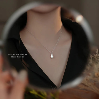 Sterling Silver Water Drop Shell Pearl Pendant Necklace