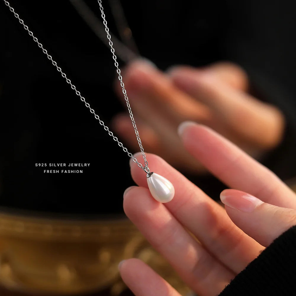 Sterling Silver Water Drop Shell Pearl Pendant Necklace