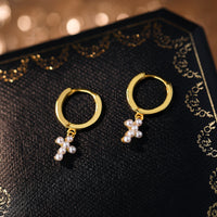 Gold Plated Sterling Silver Shell Pearl Cross Hoop Earrings