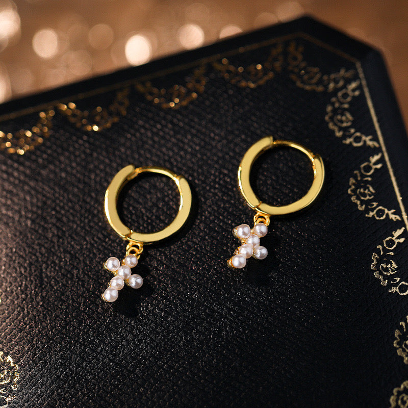 Gold Plated Sterling Silver Shell Pearl Cross Hoop Earrings