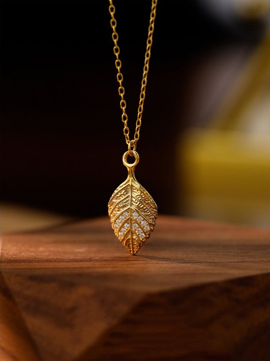 Gold Plated Sterling Silver Leaf Drop Necklace