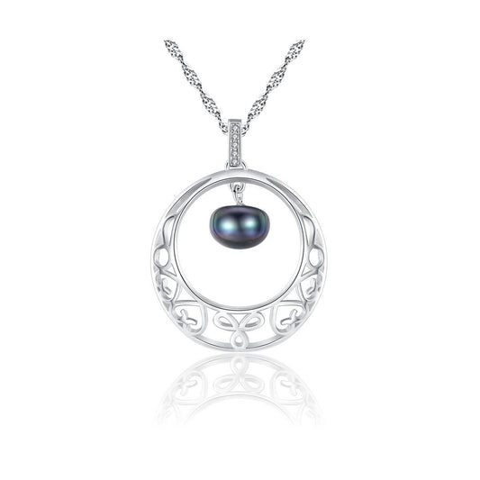 Wave Necklace with Natural Pearl and Cubic Zirconia in 925 Sterling Silver