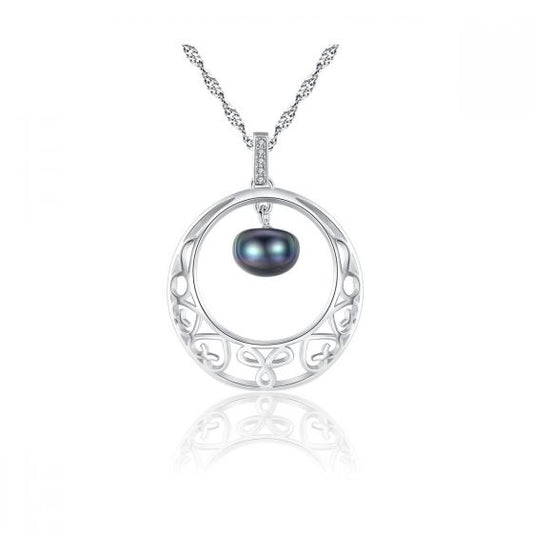 Wave Necklace with Natural Pearl and Cubic Zirconia in 925 Sterling Silver