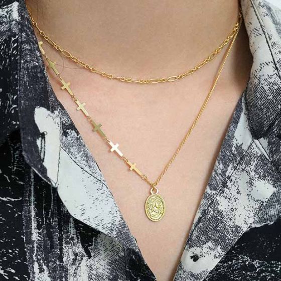 Oval Tag Cross Necklace in 925 Sterling Silver