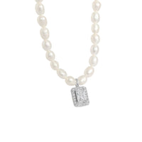 Natural Pearl Rectangle Crystal Necklace in Sterling Silver