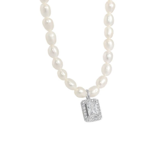 Natural Pearl Rectangle CZ Necklace in Sterling Silver