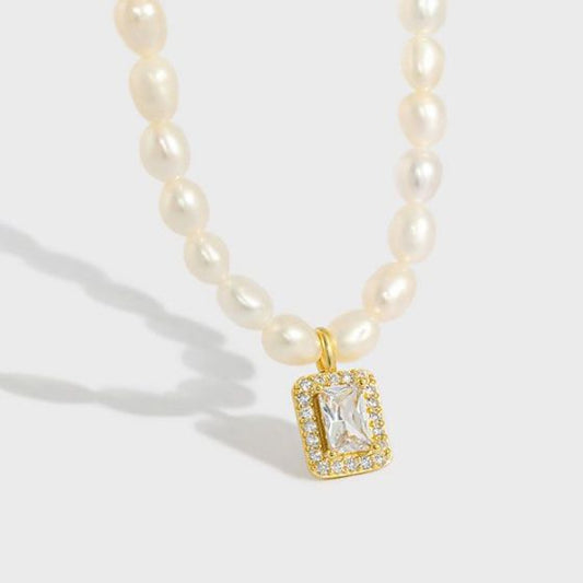 Natural Pearl Rectangle CZ Necklace in Sterling Silver
