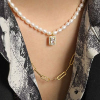Natural Pearl Rectangle Crystal Necklace in Sterling Silver