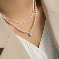 Natural Pearl Rectangle Crystal Necklace in Sterling Silver