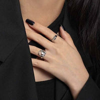 Black Crystal Irregular Sterling Silver Adjustable Ring