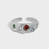 Colorful Crystal Irregular Wide 925 Sterling Silver Adjustable Ring